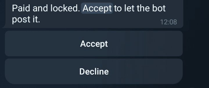 PAYchat booking message showing a paid and locked advertisement with Accept and Decline buttons